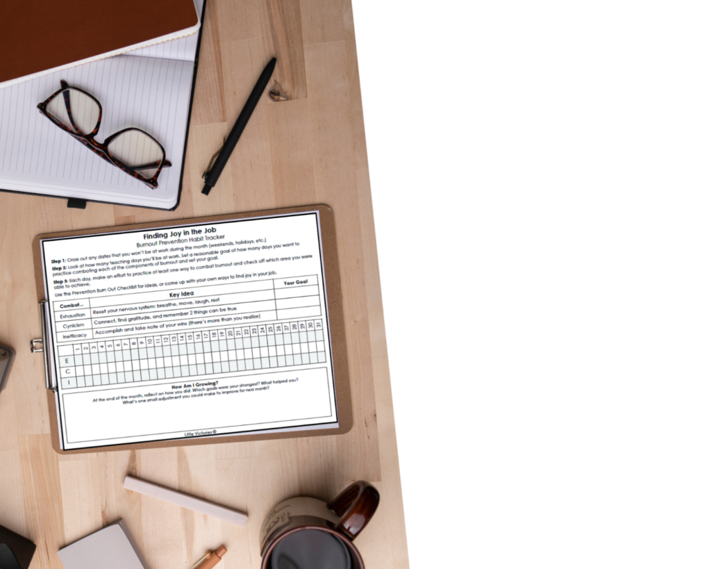 Picture of Finding Joy in the Job Burnout Prevention Habit Tracker on a desk.