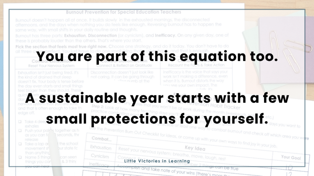Image of a free special education teacher burnout prevention calendar with text overlay reading," You are part of this equation too. A sustainable year starts with small protections for yourself."