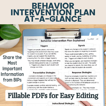 BIP At-A-Glance: Fillable PDF for a Single Page Behavior Intervention Plan