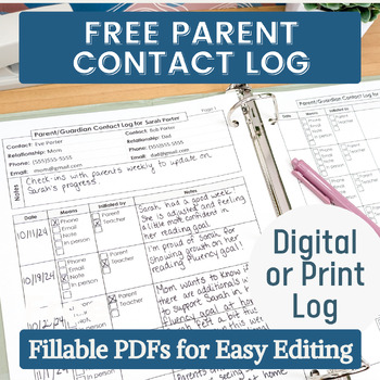 Free Parent and Guardian Communication Log- Fillable PDF Contact Log