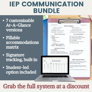 IEP Communication Bundle | At-A-Glance, Accommodations Matrix & Acknowledgment