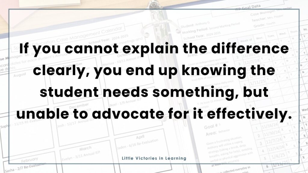 An IEP data chart with a text overlay reading, "If you cannot explain the difference clearly, you end up knowing the student needs something, but unable to advocate for it effectively."