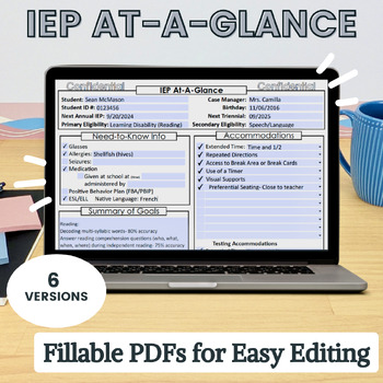 The Ultimate Fillable IEP At-A-Glance AKA IEP Snapshot- 7 Customizable Versions!
